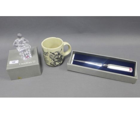 Rosenthal Bjorn Wimblad designed pottery mug and an Orrefors glass paper knife and figure of a Joiner, boxed (3) 