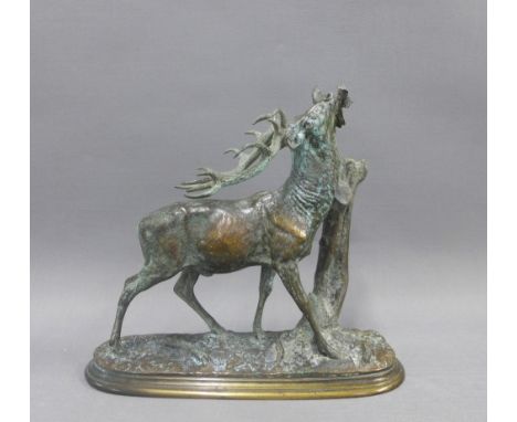 After Pierre Jules Mene (1810-1879) - 'Cerf al a branche', a bronze stag reaching for a branch, signed, 24 x 23cm