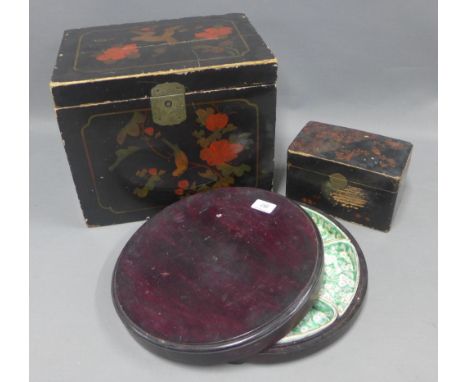 Japanese lacquered coal box and similar tea caddy, hors d-oeuvres set, largest 35 x 28cm  (3) 
