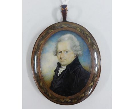 18th century portrait miniature of a Gent, contained within a yellow metal memoriam locket with plaided hair border and with 