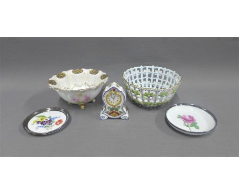 Herend porcelain basket, 15cm, continental porcelain bowl, two continental porcelain trinket dishes and a Delft, Christian Hu
