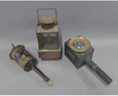 19th century carriage lamp, copper lantern and a Salters tole ware item, etc (3) 