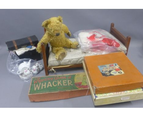 A collection of early 20th century games and toys to include The Whirling Game of Whacker, Timpo Mosaic cubes, a blonde mohai