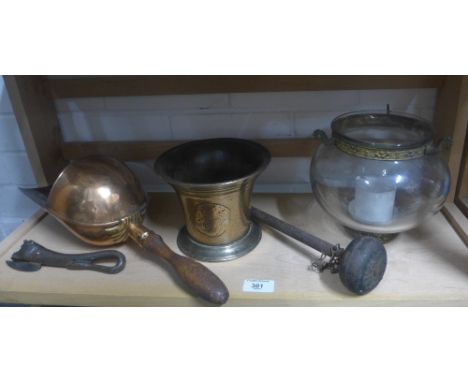 Bronze mortar, copper scoop, glass light fitting, etc (5)