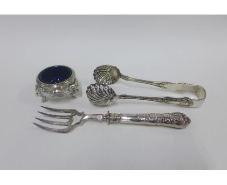 Victorian Sheffield silver handled fork, and a Queens pattern white metal tongs and a Victorian silver salt with blue glass l