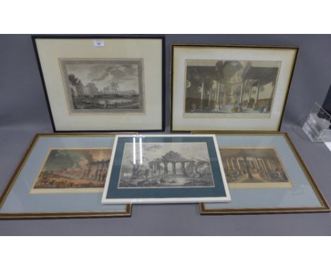A collection of framed prints to include Coal Exchange, Fire in London, Inside View of the Church of St Stephen, Walbrooke Lo