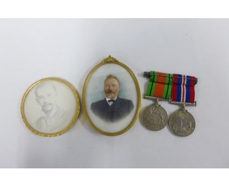 WWII Defence and War medals and two portrait miniatures within  gilt metal frames, largest 11 x 8cm (4) 