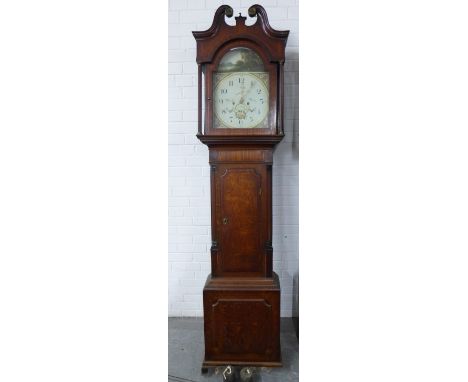 Oak longcase clock, swan neck hood over a Mawkes of Derby painted dial with Roman numerals, subsidiary dial and date aperture