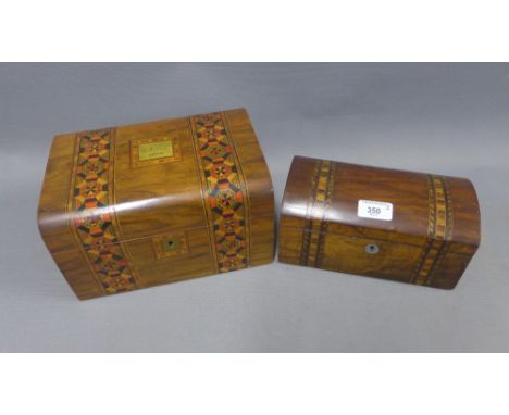 Victorian mahogany and Tunbridge inlaid sewing box with a domed lid and with lift out tray to the interior, together with a t