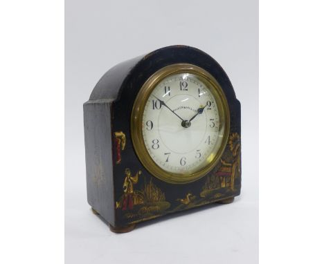 Early 20th century Walker &amp; Hall, black  lacquered chinoiserie mantle clock, with French brass movement, 15cm  