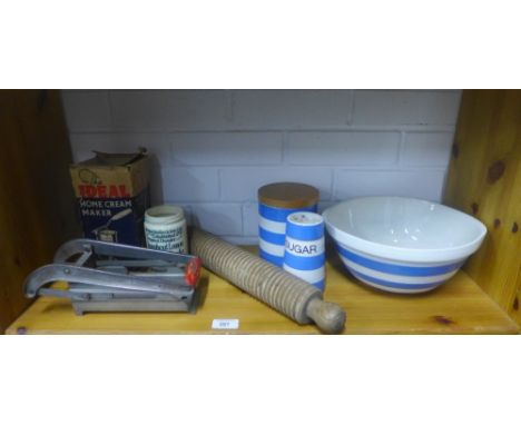 Collection of vintage kitchenalia to include Cornish Ware, rolling pin, The Ideal Cream Maker, etc (7)  