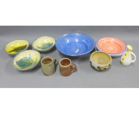 Collection of studio pottery to include fish bowls, incised cups etc and a mid century yellow, white and black jug, (10)