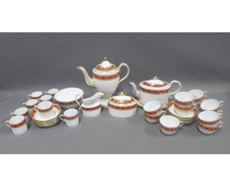 English porcelain tea and coffee set comprising coffee pot, teapot and stand, sucrier, slop bowl,milk jug, eleven teacup[s, e