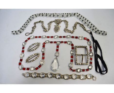 A collection of vintage jewellery including paste set necklaces, bracelet, buckles etc to/w various purple stone bead necklac