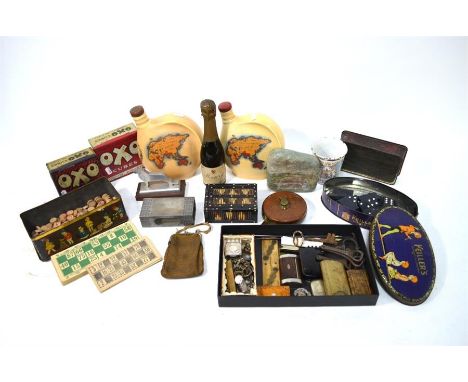 A quantity of collectables, including Advertising tins, Crown Ducal 1937 Coronation flasks for Emu Australian Wines, rock pai