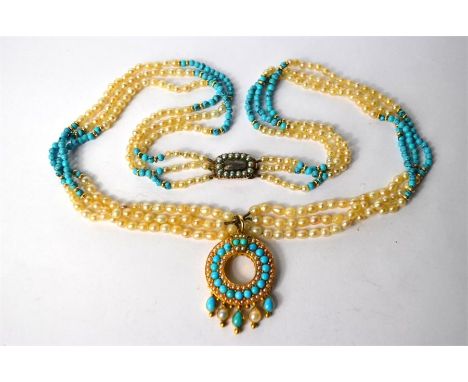 A pearl and turquoise necklace, three strands knotted throughout onto Victorian seed pearl and hairwork clasp, with associate