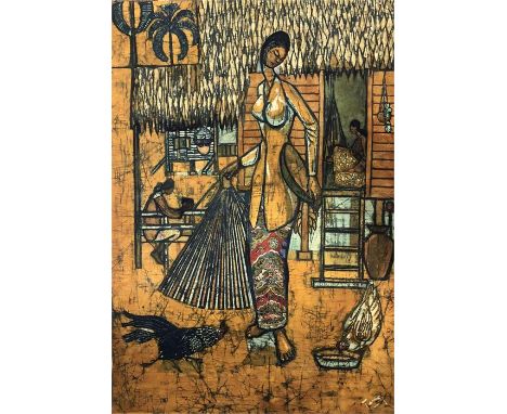 Chuah Thean Teng (1914-2008), a pigment on textile portrait of rural Malaysia depicting three women and a farm building, the 