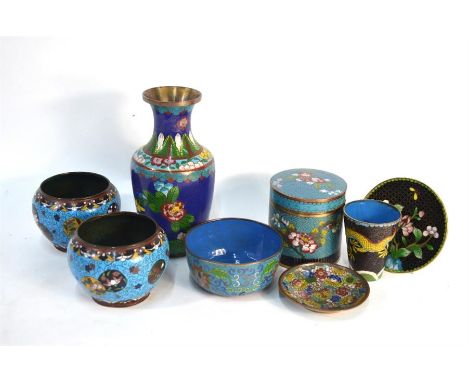 A pair of turquoise-ground, Japanese cloisonne enamel bowls, 8 cm high, Meiji/Taisho Period; together with six pieces of Chin