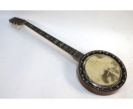 A banjo by Temlett [sic] of London, No. 2413 with mother of pearl inlays, with case