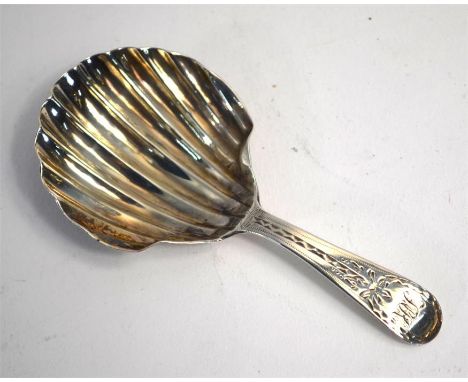 A George III silver bright-cut caddy spoon with shell bowl, Thomas Evans (probably), London 1787Minor dent to back of middle 