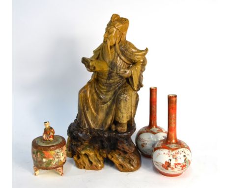 A small pair of Japanese Kutani vases, 15 cm high, Meiji Period; together with a Satsuma koro with karako finial, 10 cm high;