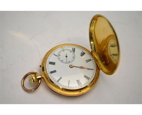 An Edwardian 18ct gold full hunter pocket watch with top-wind lever movement and enamel dial with subsidiary seconds dial, Sh