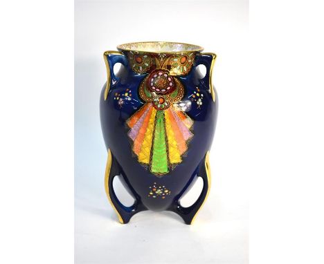 An Art Deco Carlton ware bomb shape vase, mazarine blue ground decorated with enamel and gilt fan motifs, gilt printed makers