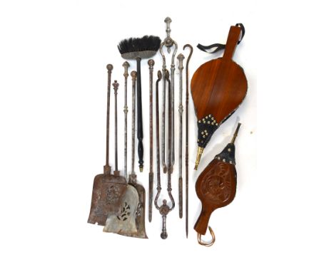 A box of assorted 19th century and later polished steel fire tools, bellows etc.