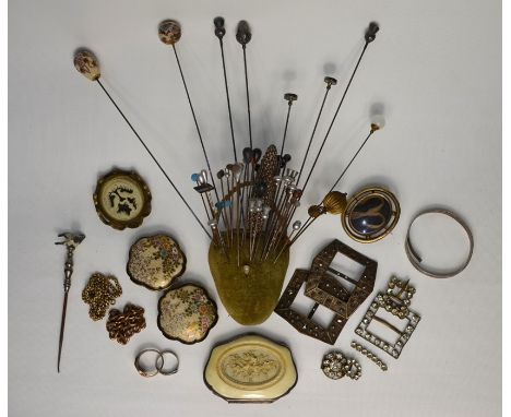 A collection of antique and vintage items including a Japanese Satsuma ware buckle and two hat pins, an Edwardian carved ivor