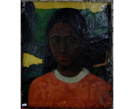 Manner of Gauguin - Portrait of a Tahitian lady in a landscape, oil on canvas, 56 x 46 cmPainting is unframed - has bad damp 
