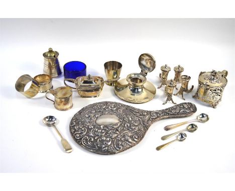 A Victorian pierced silver drum mustard, Charles Fox II, London 1839, to/w various other silver and plated items and four Sca