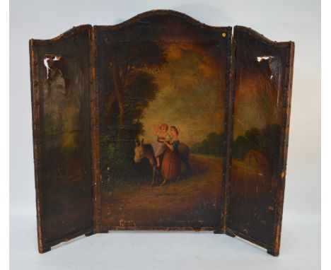 An antique three fold leather fire screen, the panels forming a serpentine top, hand painted with a pastoral scene in the Geo