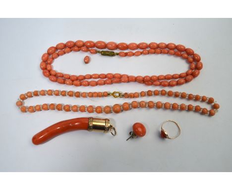 A small collection of antique coral including two graduated necklaces, small ring, earring and large branch of stick coral wi