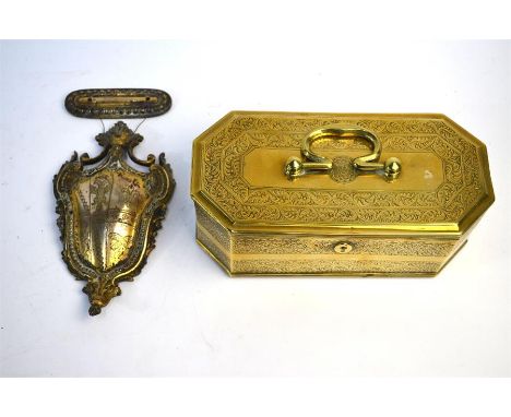 A 19th century foliage engraved brass trinket box with hinged cover and lidded inner compartment, 22.5 cm wide to/w a Contine