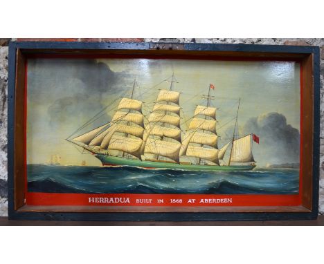 Marine Folk Art - The underside of a pine lid of a wooden trunk painted with an image of 'HERRADUA built in 1868 at Aberdeen'