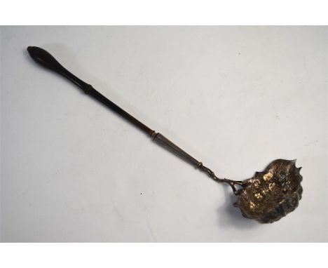 A George II silver punch ladle, the ogee bowl later chased and embossed with birds, flowers and fruit, London 1750, on turned