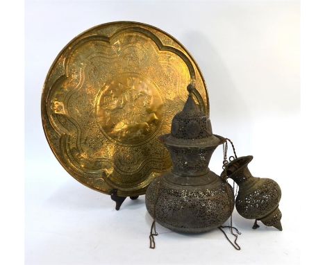 An Ottoman or Persian hanging lantern with trumpet neck and domed cover, about 42 cm high; together with another, smaller, la