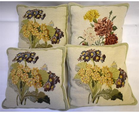 Four, 34 cm square floral wool tapestry cushions with velvet backing (4)