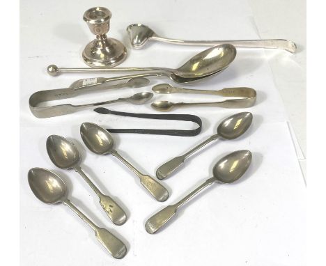 A possibly Scandinavian white metal candle snuffer, a hall marked silver dwarf candlestick and a collection of silver plate e