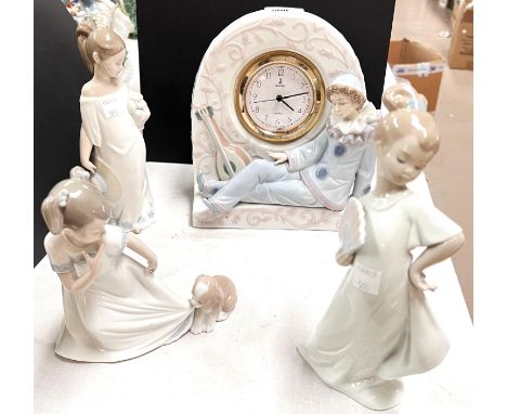 A Lladro clock with a clown; 3 Nao figures of children. 