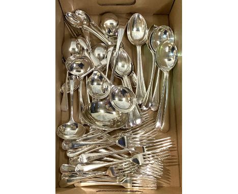 A 12 setting canteen of silver plated cutlery housed in demi-lune mahogany table / cabinet; Albin Trowski: Albert Square, sig