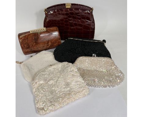 4 fancy beaded evening bags; a marble effect small clutch bag; a vintage reptile skin handbag 