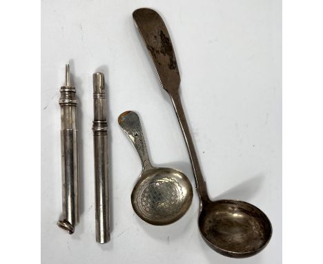 A Georgian hallmarked sauce ladle, Edinburgh 1846; a Georgian hallmarked silver caddy spoon; 2 white metal propelling pencils