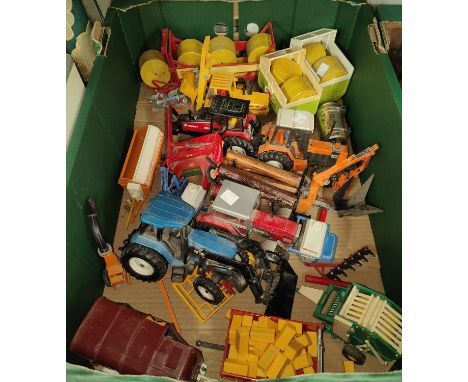 Four Britains tractors including Massey - Ferguson and a selection of Britains farming equipment and ERTL tractor 