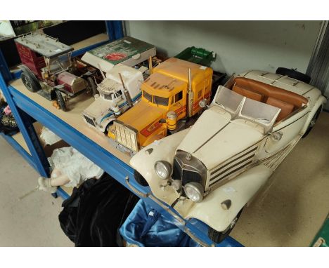 A large scale model of a Mercedes-Benz 540K length 66cm, two large scale models of trucks and a collection of smaller diecast