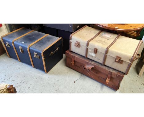 A large wood bound travel trunk in blue 90 x 52 x 45cm; another with Cunard label and a large leather case with interior shel