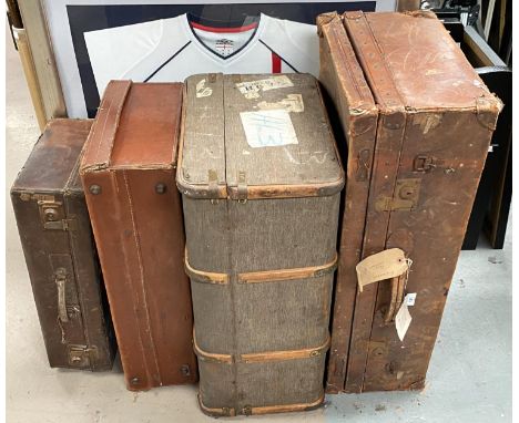 Three various leather suitcases; a briefcase; a cabin trunk; a trouser press 
