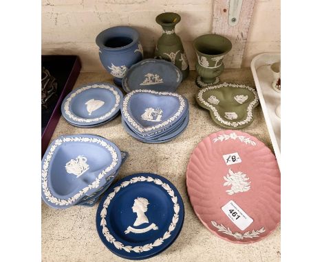 A selection of various Wedgwood Jasperware vases, dishes, light blue, pink, green etc 