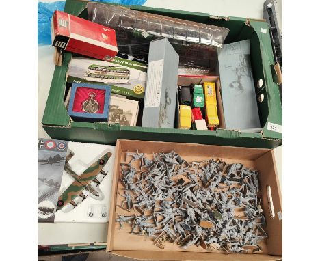 A selection of boxed diecast and other vehicles, Jouef train, plane and a selection of large scale plastic military figures e