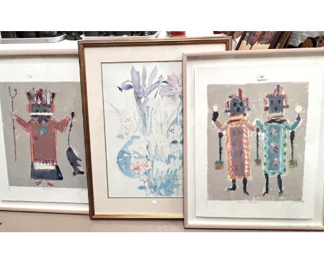 20th century Happi Hunter and Machinas Blessing, pair of artist signed prints, 66 x 50cm, framed and glazed and a print of fl